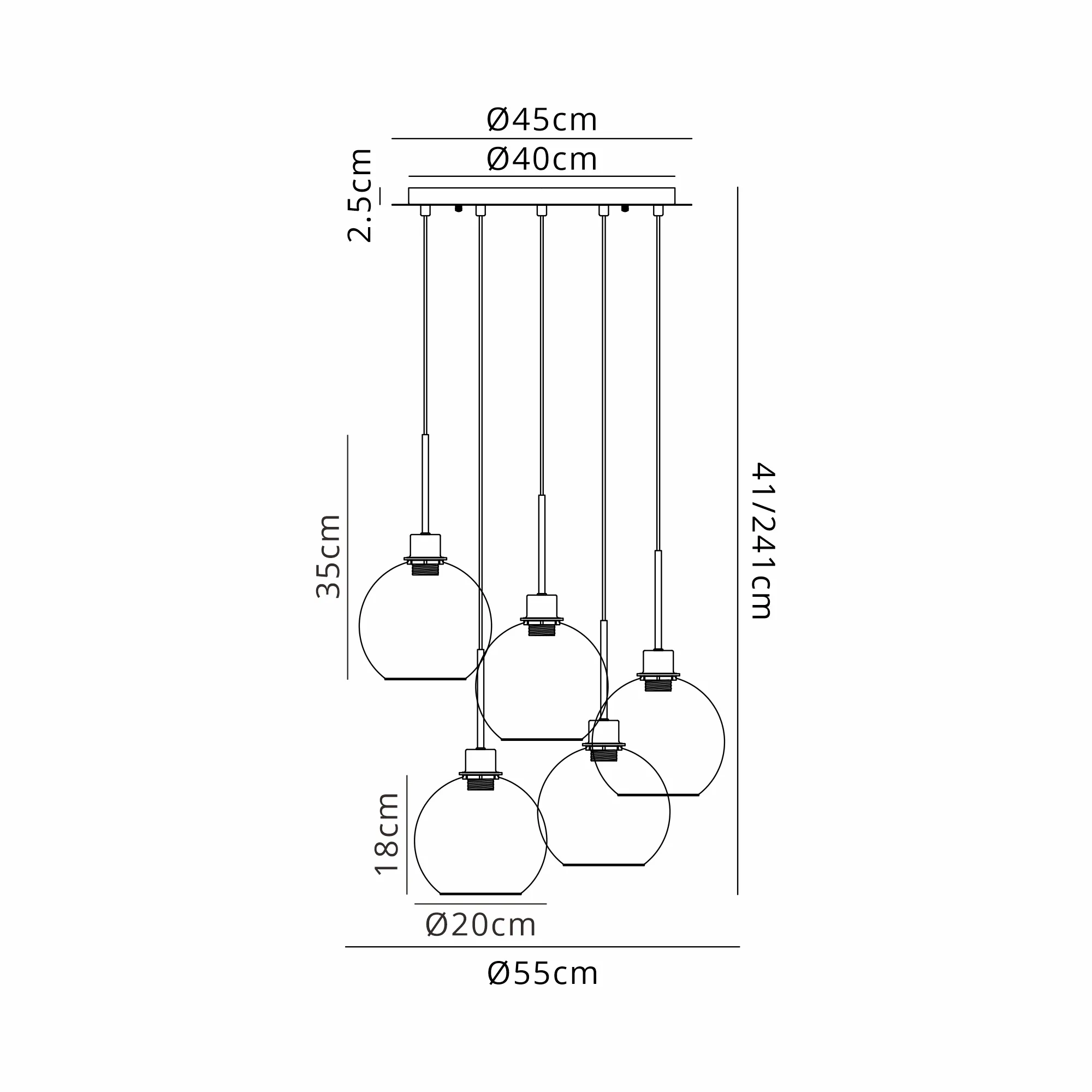 DK1191  Lori cm Round Pendant, 5 Light Adjustable E27, Antique Gold/Blue Open Mouth Round Globe Shades